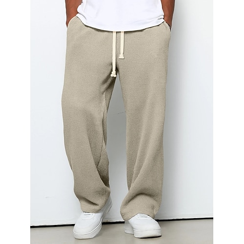 Herren Gerade geschnittene Sweatpants Waffelhose Kordelzug Rautenmuster Atmungsaktiv Volle Länge Lässig Täglich Glatt Dunkelbraun Schwarz Mikroelastisch Image