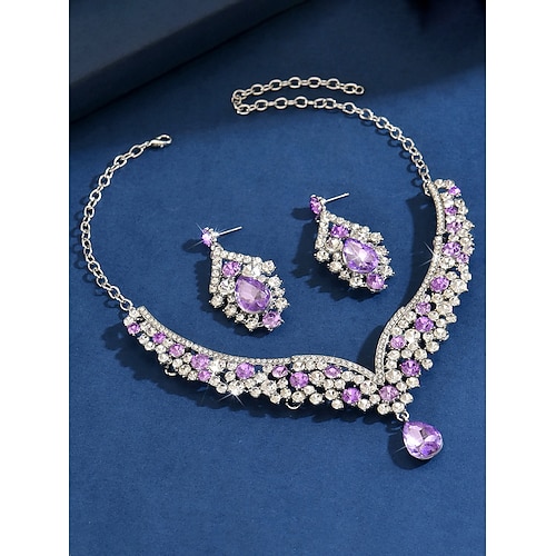 Damen-Set aus lilafarbener Strass-Halskette und Ohrringen – funkelnder Vintage-Schmuck für Partys im Gatsby-Stil, Gesellschaftstänze und formelle Abendveranstaltungen Image