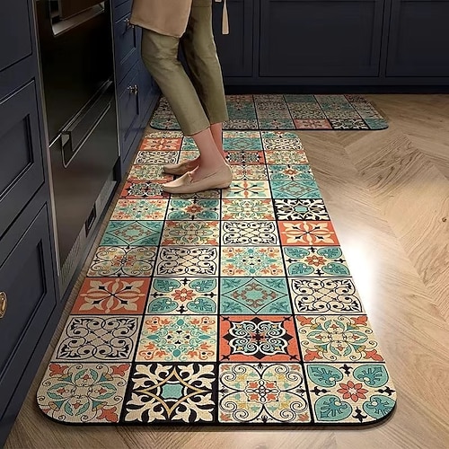 Läuferteppiche für Flur und Küche marokkanischer Mosaik-Vintage-Stil Kristallvelours Anti-Ermüdungsfußmatte gummiunterlegt saugfähiges Design weicher rutschfester maschinenwaschbarer Teppich für Image