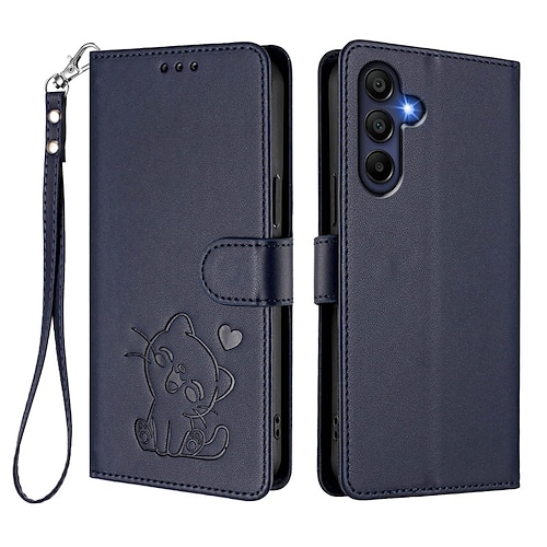 Handy Hülle Handyhüllen Für Samsung Galaxy S25 S24 S23 S24 FE S22 Plus Ultra S23 FE A56 A36 A26 A16 Brieftaschenhülle Vollschutz mit Trageriemen Stoßfest Katze Retro TPU PU-Leder Image