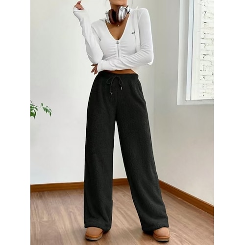 Damen Fleecehose Hose Baggy-Hosen Freizeithose Urlaub Mode Basic Volle Länge Hohe Taille Einfarbig Einfach Kordelzug Elastischer Bund Gerader Schnitt Weich Bequem Atmungsaktiv Dehnbar Outdoor Straße Image