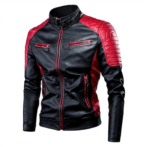 Herren Kunstlederjacke Bikerjacke Motorradjacke Urlaub Täglich Winddicht Patchwork Tasche Frühling Herbst Einfach Mode Klassisch Stehkragen Regulär Schwarz Weiß Rote Braun Jacken Image