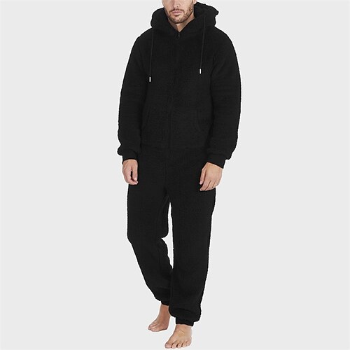 Herren Freizeitkleidung Bodys Nachtwäsche 1 Stück Einfach Warm Mode Stilvoll Heim Täglich Bett Sherpa Polyester Thermowarm Komfort Weich Kapuzenpullover Langarm Kordelzug Tasche Herbst Winter Schwarz Image