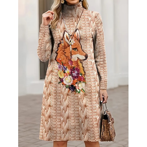 Damen Minikleid Pulloverkleid Shiftkleid A Linie Kleid Urlaub Party Lässig Outdoor Heim Lässig Lässiger Schnitt Grafik Tiermotiv Karomuster Langarm Rollkragen Blau Kaki Frühling Herbst Winter Image