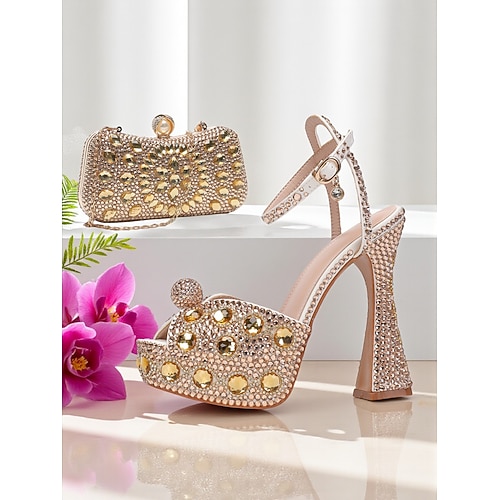 Damen-Plateau-Sandalen mit Strasssteinen und passender Clutch – funkelnde Abendschuhe für Cocktailpartys, Hochzeiten und elegante Veranstaltungen Image