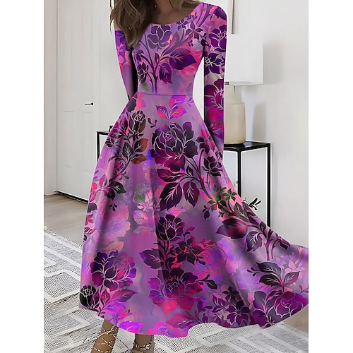 Damen Midikleid A Linie Kleid Figurbetontes Kleid Urlaub Lässig Boho Täglich Party Ausgehen Normale Passform Blumen Grafik Langarm Rundhalsausschnitt Blau Rote Purpur Grün Sommer Frühling Herbst Image