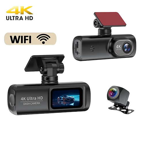 Hochauflösende 4K-Dashcam mit Doppelobjektiv vorne und 1080p hinten, mobiler WLAN-Konnektivität, Auto-DVR-Loop-Aufnahme und 32-GB-Speicherkarte.