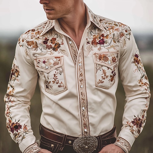 Herren Blumendruck Ethnisch Blumen Hemd Westernhemd Cowboy-Shirt Langarm Vintage-Retro Outdoor Lässig Arbeitskleidung Frühling Herbst Umlegekragen Zwei Fronttaschen Leinenähnliches Hemd Hemden mit Image