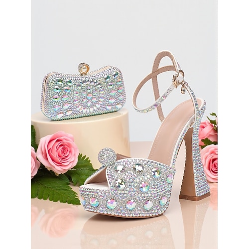 Damen-Plateau-Sandalen mit Strasssteinen und passender Clutch – funkelnde Abendschuhe für Cocktailpartys, Hochzeiten und elegante Veranstaltungen Image