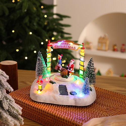 1 Stück 19 x 16 cm Weihnachtsharz-Spieluhr, Ornament, Weihnachtshaus, Schneehaus im europäischen Stil, Weihnachtsmann, Weihnachtsbaum, Musik, LED-Licht, AAA-Batterie oder USB-Stromversorgung, Image