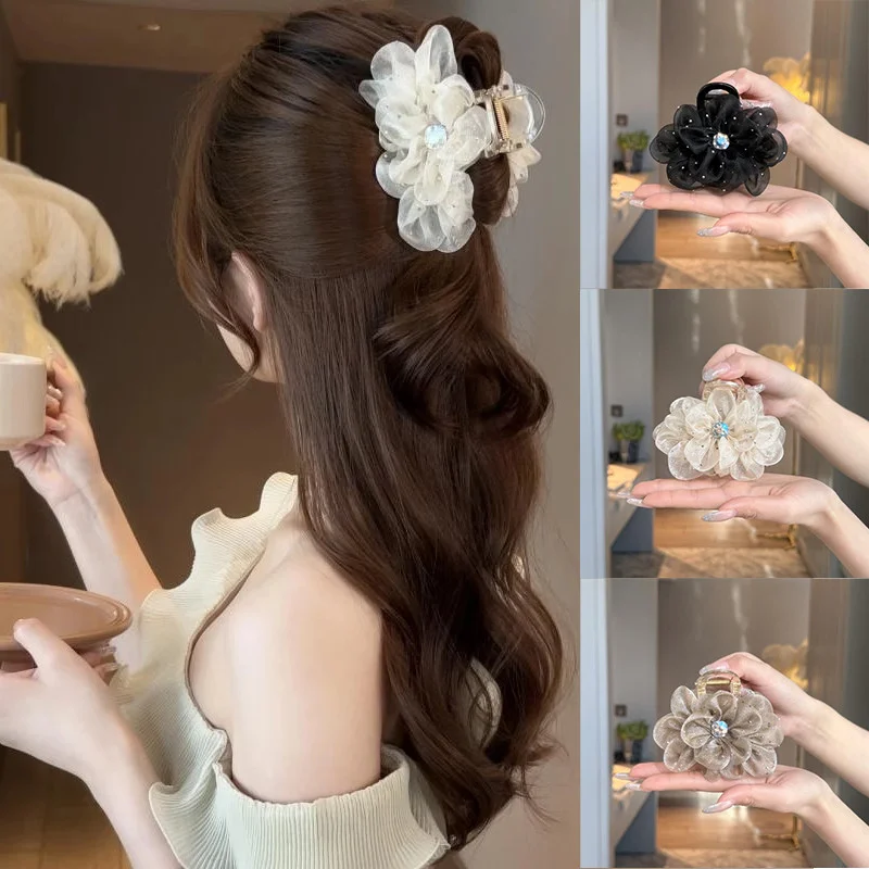 Elegante Temperament Strass Haar Clip für Frau Koreanischen Stil Mesh Blume Shark Clip Mode Mädchen Pferdeschwanz Clip Haar Klemme Image