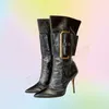 Schwarze Seite, große Schnalle, Dekor, Stiefel, mittlere Waden, Gürtel, Gürtel, spitze Zehenschuhe, dünne Fersenschuhe für Damen, Schuhe 2025, Zapatos Para Mujere