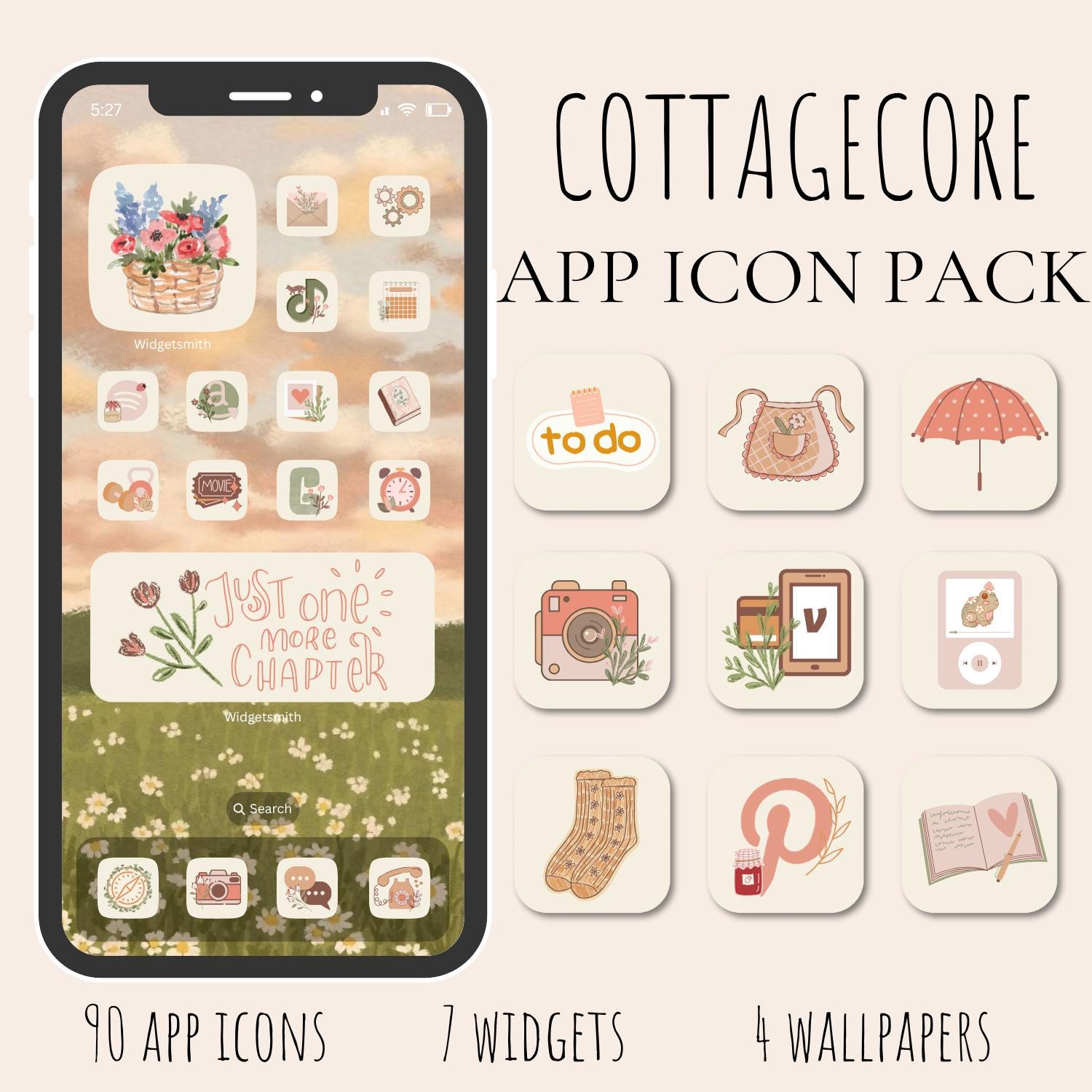 Icone app Cottagecore iOS 17 e 16 / Pacchetto temi iPhone estetici / Icone e sfondi Widgetsmith / 90 icone app / Primavera