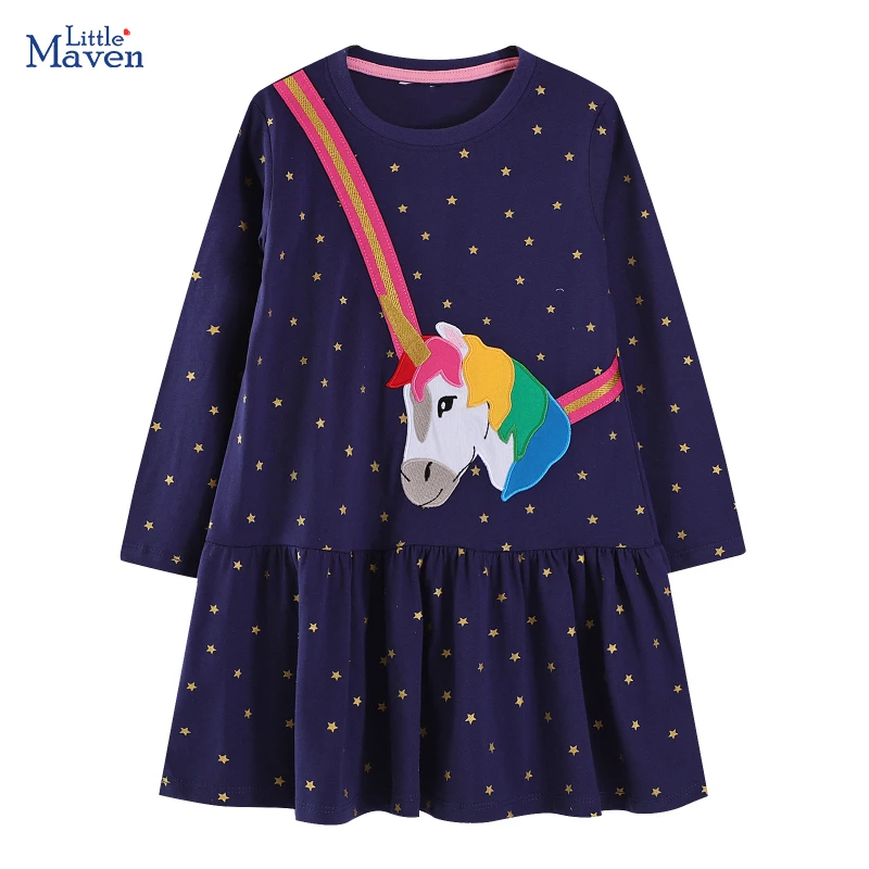 Little Maven Herbst Frühling Kinder Langarm Kleid bestickt Einhorn Baby Mädchen Kleid Herbst Kind Baumwolle Kostüme Image