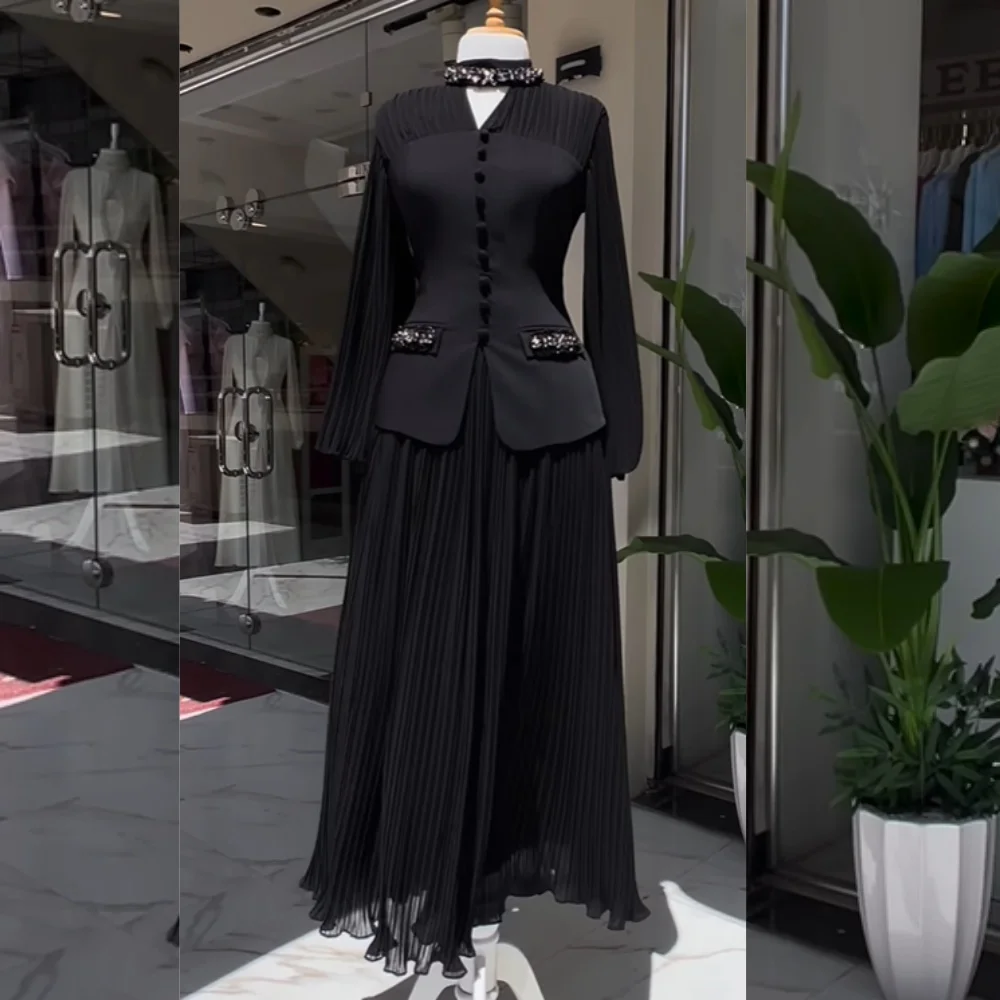 Customized Exquisite Jersey Pleat Sequined Button A-line V-neck Long Dresses Bespoke Occasion Sizes Available