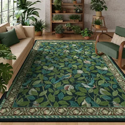 Green Plant Retro Area Rug – Non-Slip Machine Washable Living Room Carpet, Soft Large Floor Mat for Bedroom Home Decor