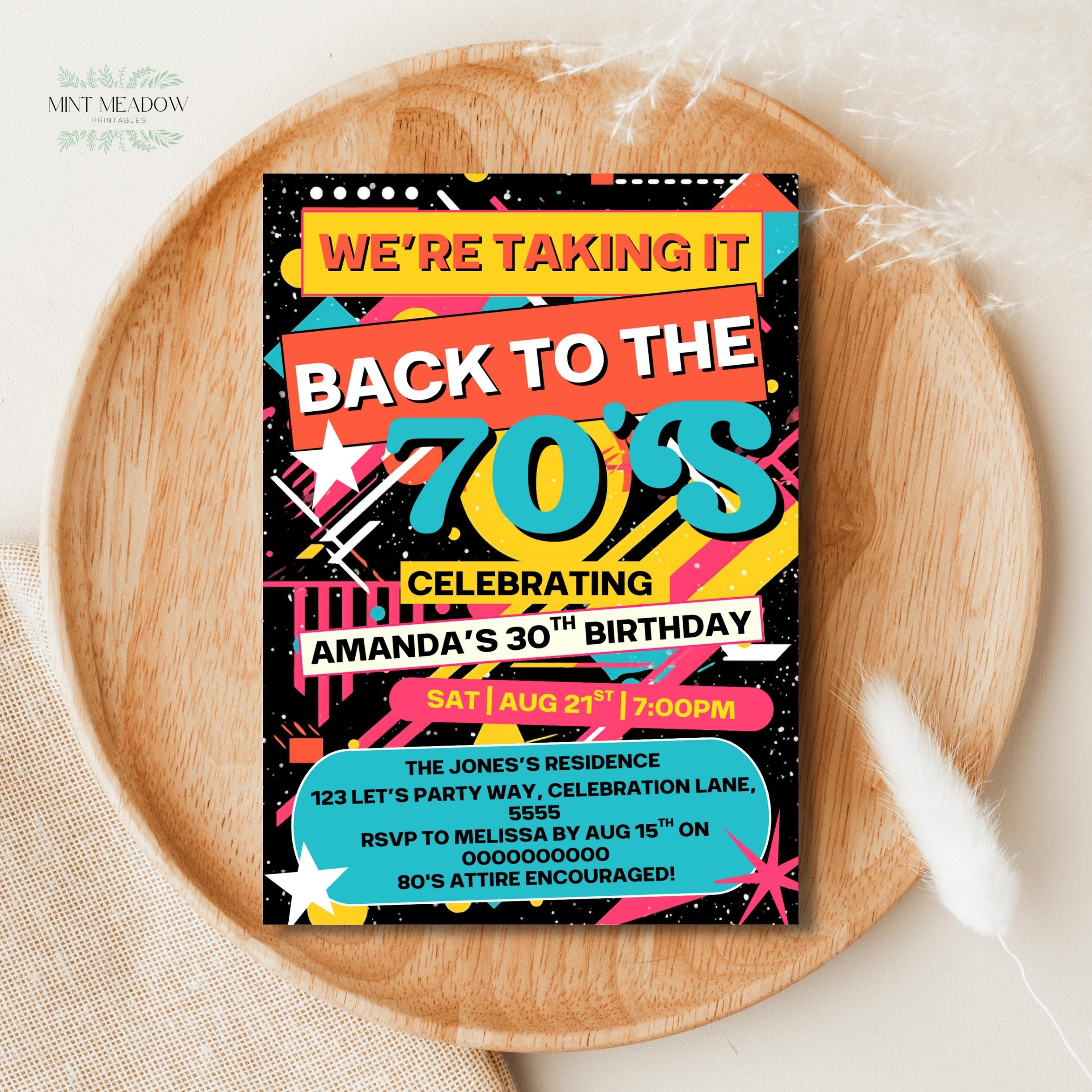 Invito per festa anni '70 modificabile, festa di ritorno agli anni '70, invito per festa di compleanno, serata giochi anni '70, invito per festa in ma