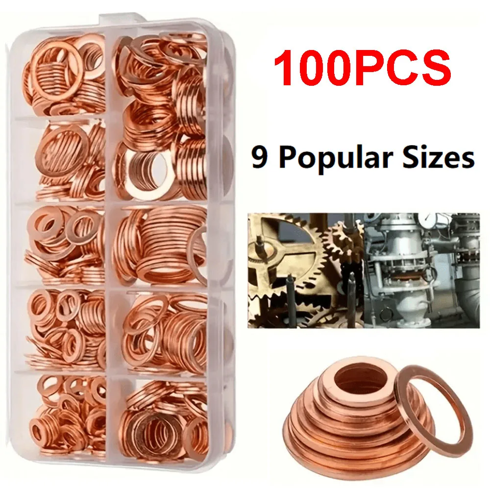 Sortimentssatz für Kupfer-Unterlegscheiben-Dichtungsringe, M8-M14, flacher Dichtungsring-Set mit Box für Ölablassschrauben, Kfz-Reparatur Image