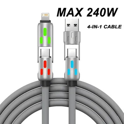 PD 4 In 1 240W Fast Charging Mobile Phone Data Cable USB Type C Charging Wire For iPhone Samsung Huawei Xiaomi Quick Charge Cord