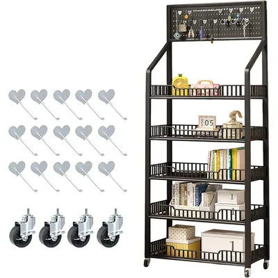 5 Tier Snack Display Rack Organizer Holder Kitchen Storage Cart Metal Wire Baskets with Wheels Freestanding Shelving Unit Rack
