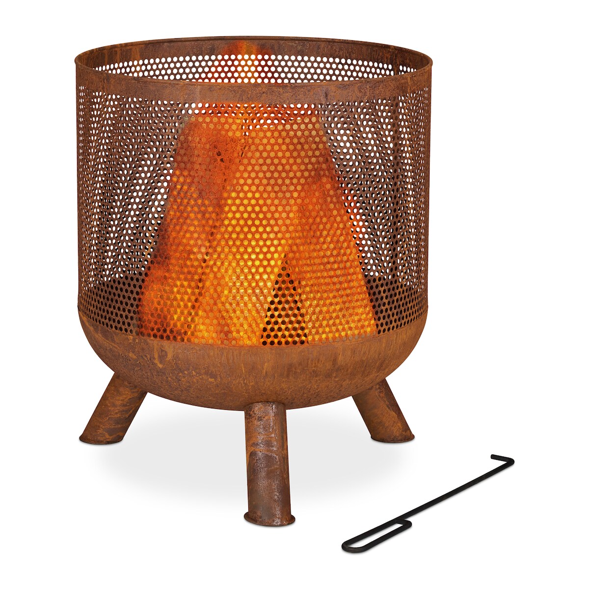 Relaxdays Feuerkorb, Mesh Design, Rostoptik, Feuerrost, Schürhaken, HxD: 53 x 44 cm, Garten Feuertonne, Stahl, braun Image