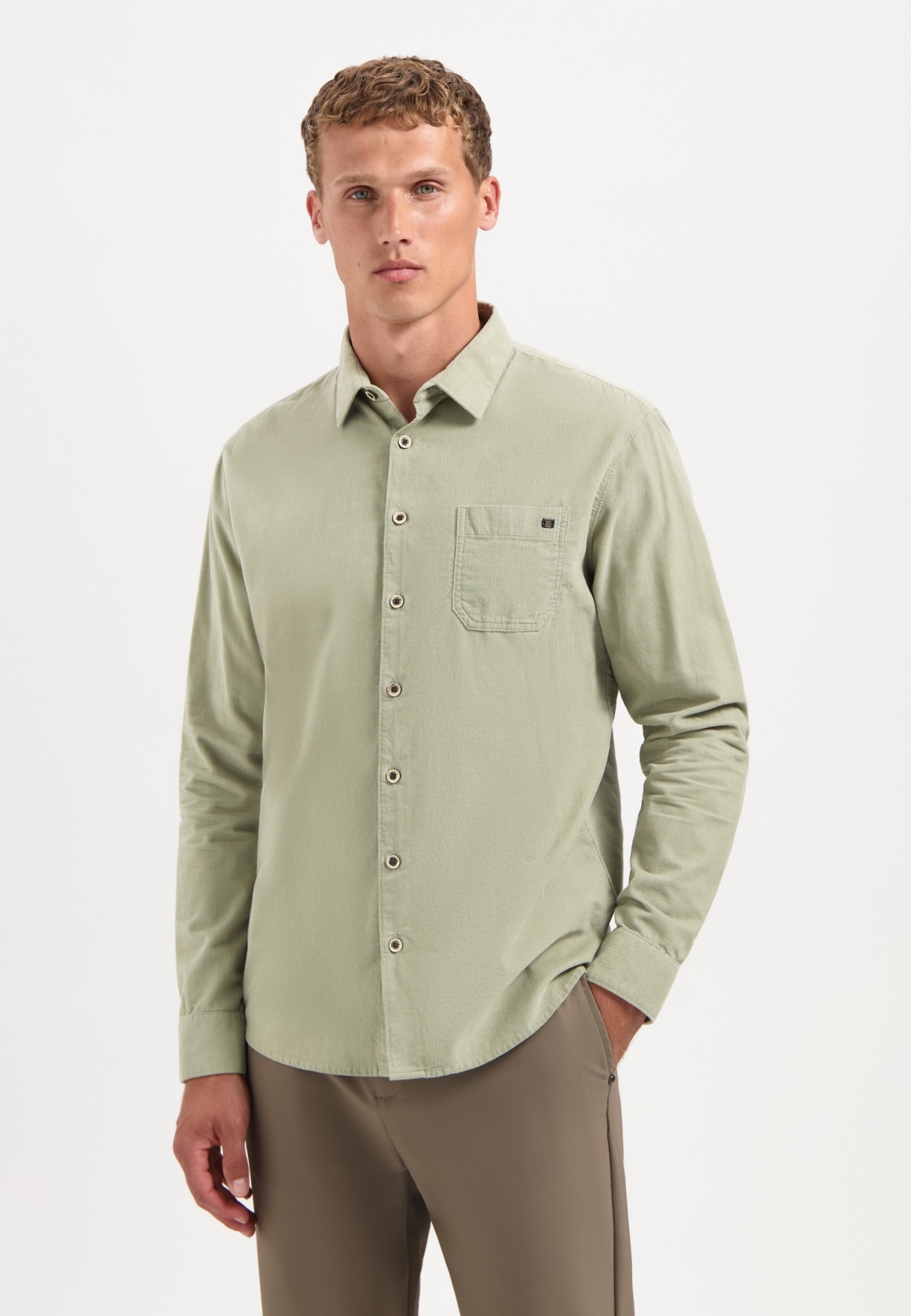 Langarmhemd NO EXCESS "No Excess Cordhemd Shirt Solid Fine Herringbone", Herren, Gr. XXL, Normalgrößen, light moss, 100% Baumwolle, regular fit, Hemden