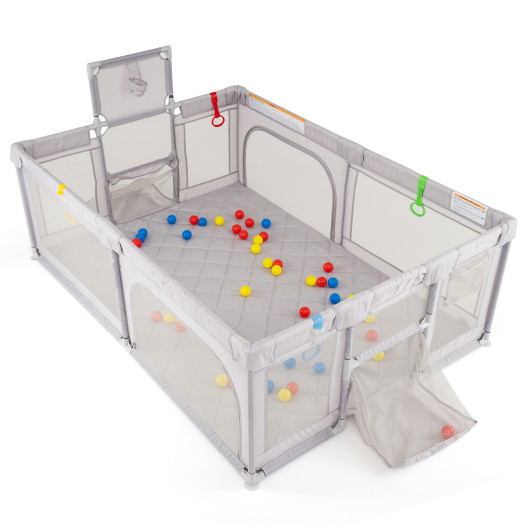 Costway Extra Large Playpen with Basketball Hoop for Babies and Toddlers-Light Gray