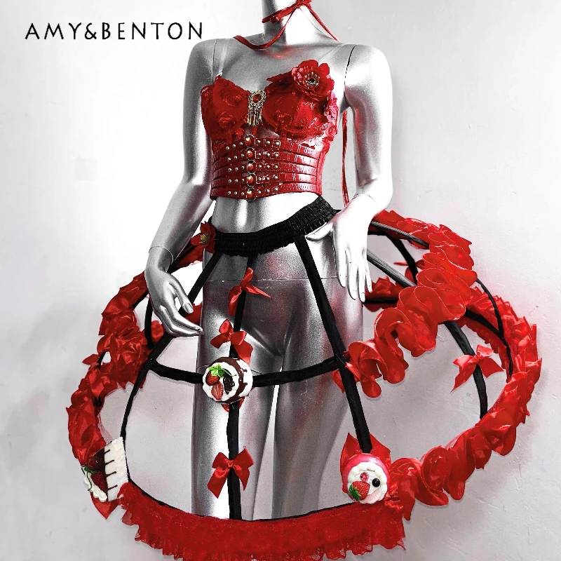 Original Heavy Industry Rot Schwarz Gothic Damen Fishbone Tub Top Neue Schleife Persönlichkeit Mode Süße Kühle Sexy Rock Anzug Damen Image