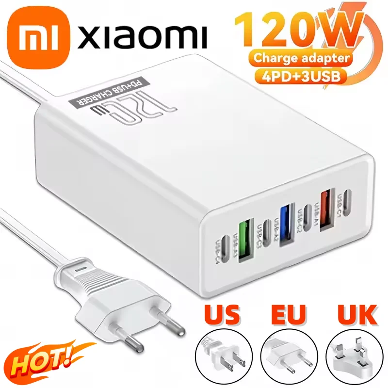 Xiaomi 120 W Ladekopf 7 Ports 3USB + 4PD Schnellladekopf für Telefon 5V4A US/EU/UK Standard-Ladegerät für Mobiltelefone Image