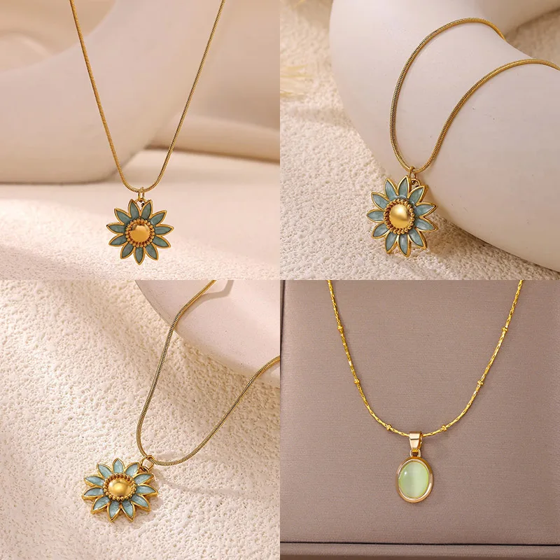 Elegante Emaille Sonnenblumen Anhänger Halsketten für Frauen Gold Farbe Edelstahl Sonnenblumen Halskette Praty Weihnachten Schmuck Geschenke Image