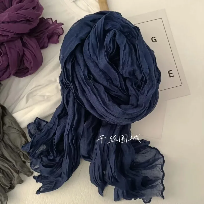 Neue Plissee Einfarbig Schal Retro Herbst und Winter Grün Retro Dünne Streifen Schal Männer und Frauen Thermische Elegante Mode