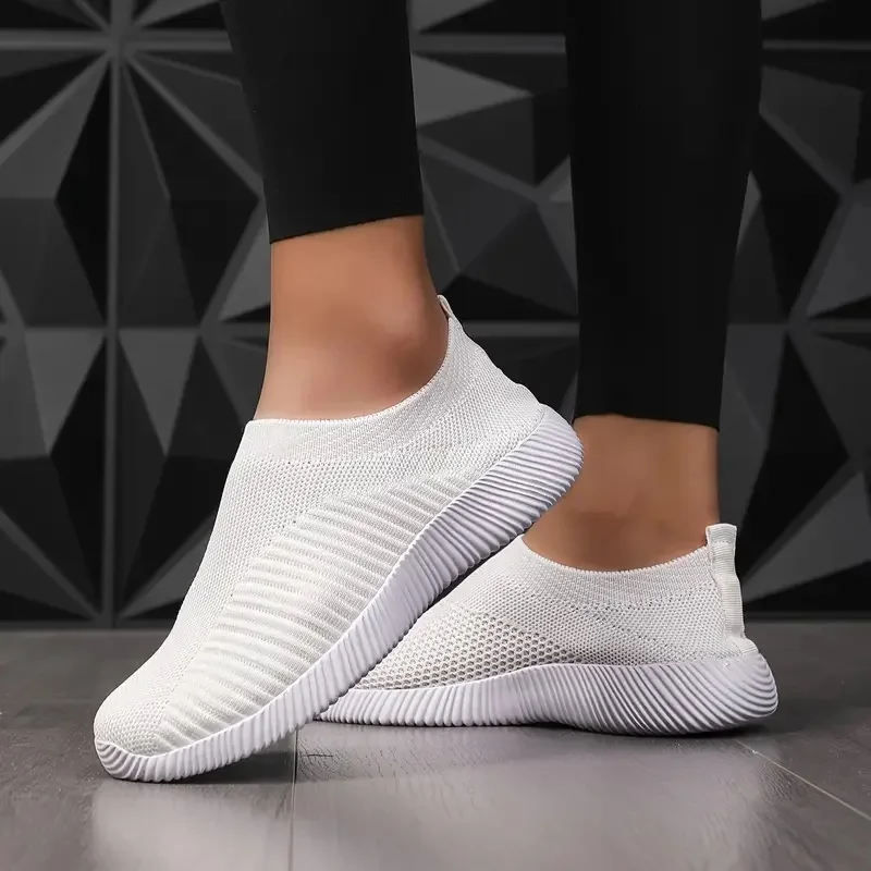Einfarbige Damen-Sneaker, atmungsaktives Mesh, gewebt, für den Außenbereich, leicht, Low-Top-Walking, Laufen, Sportsocken, Schuhe Image