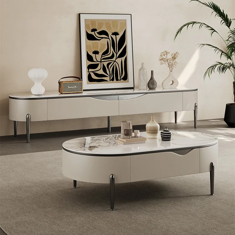 Table basse de salon de luxe, ensemble de meuble TV avec pieds en acier inoxydable, Tables centrales modernes avec doubles tiroirs, meuble TV élégant