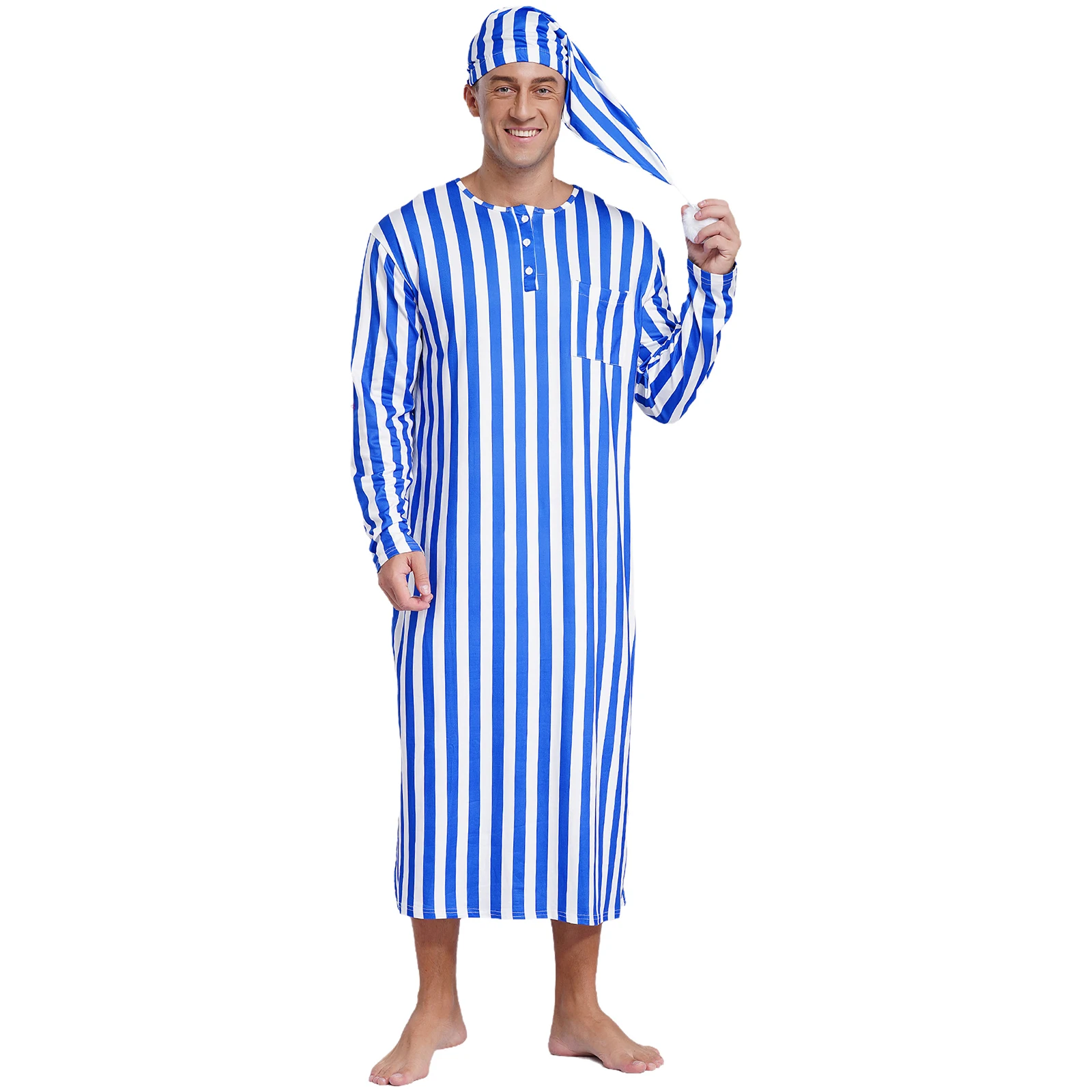 Männer Weiche Lose Nachtwäsche Robe Nachthemd Casual Gestreiften Gedruckt Langarm Lange Robe Nachthemden mit Schlafen Kappe Pyjama Set Image