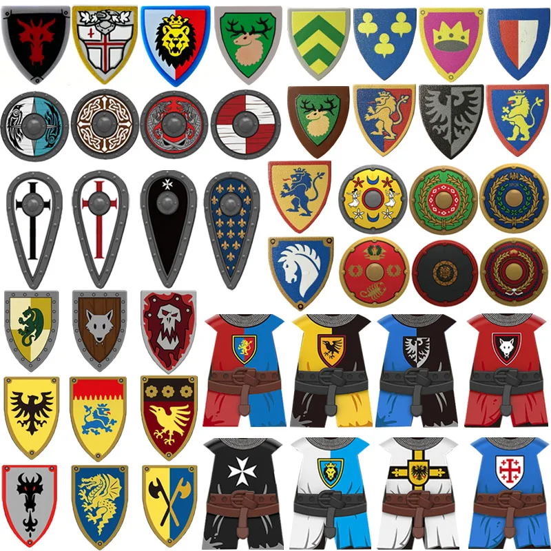 Mittelalterliche Militärburg Ritter Zubehör Baustein Römische Figur Soldat Kreuzritter Wikinger Schild Rüstung Adler Ziegel Spielzeug S01 Image