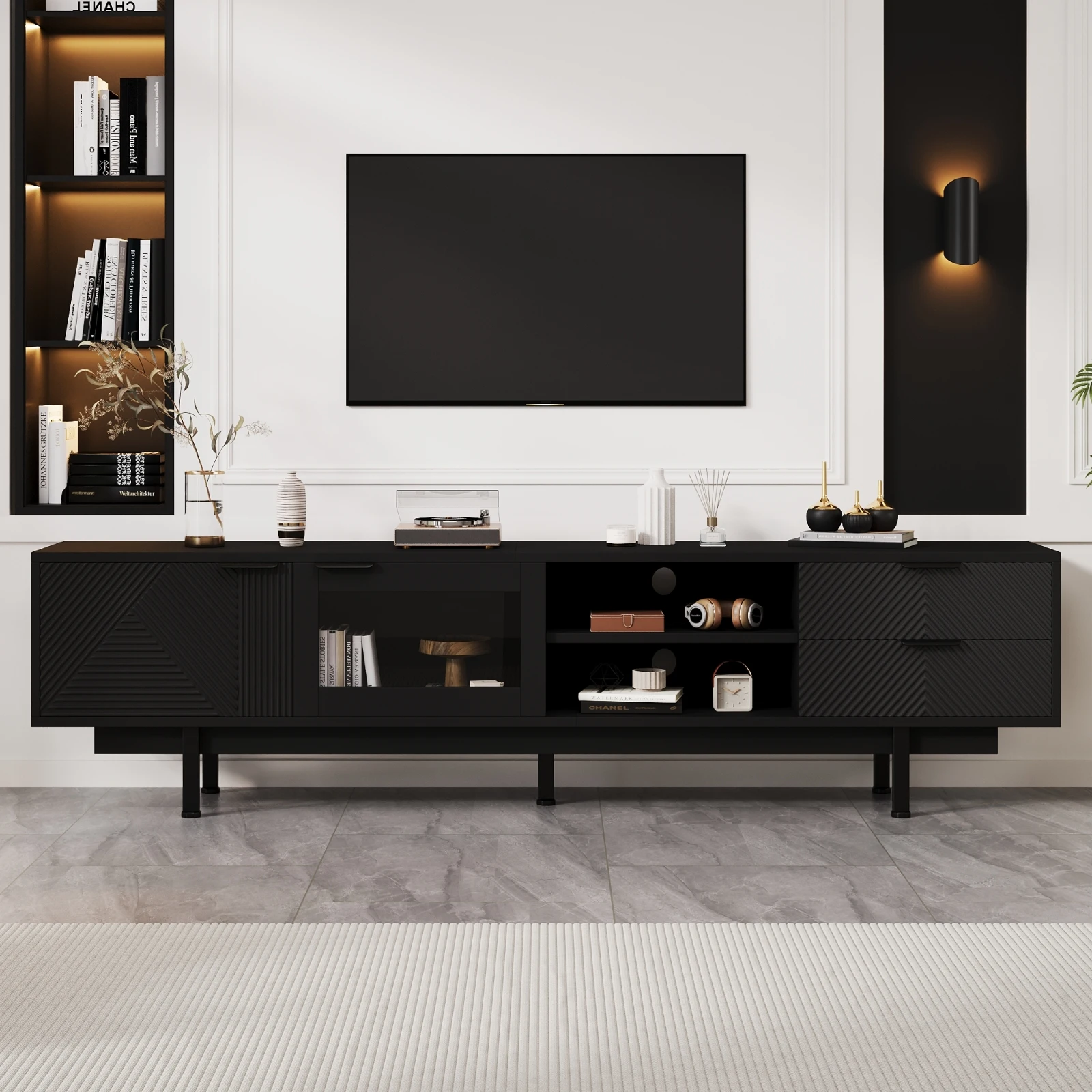 Meuble TV pour salon, meuble bas TV, tableau central avec 2 portes et 2 tiroirs 200*40*50.5 cm, armoire TV moderne et Simple