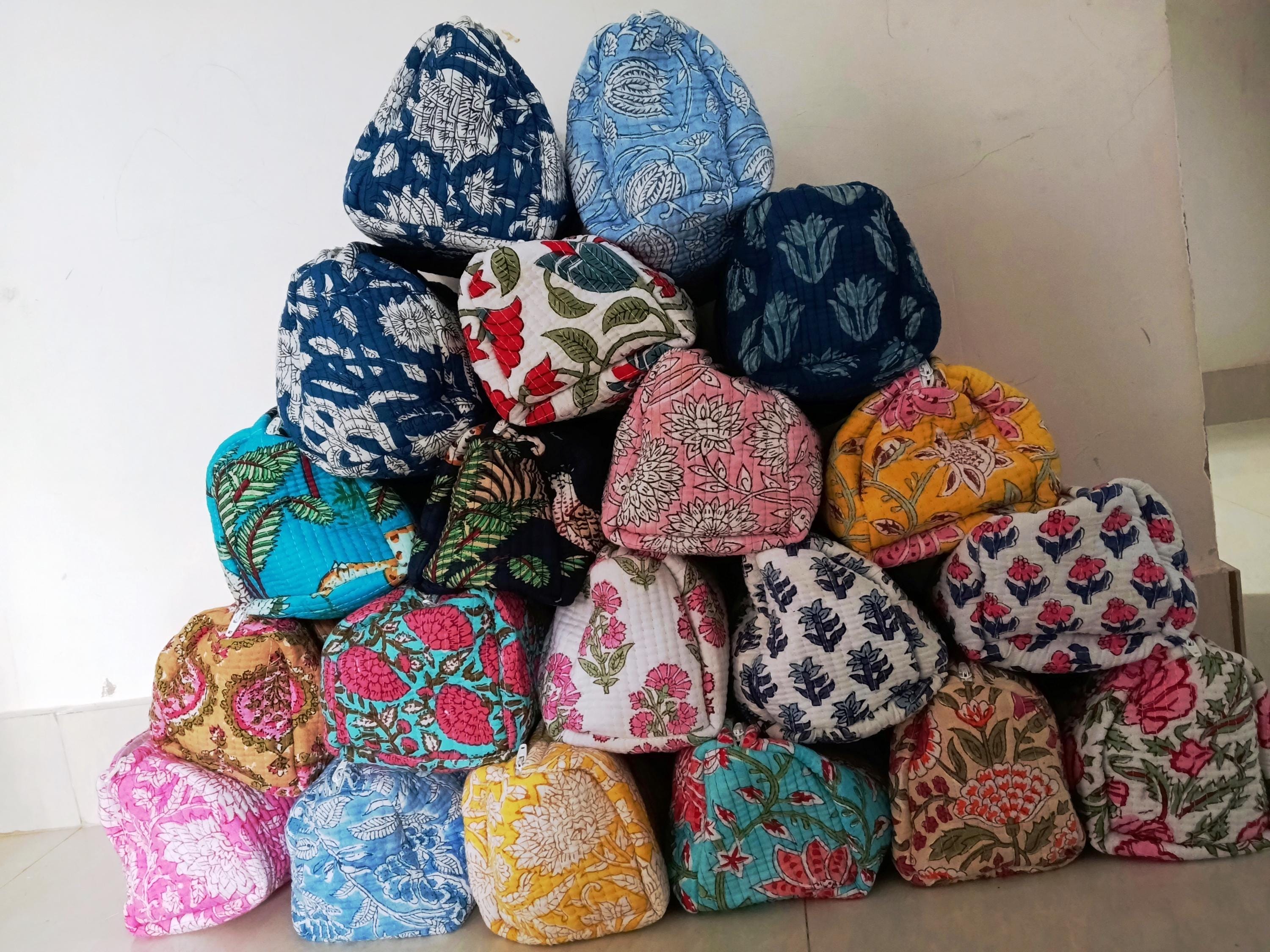 Borsa da toilette in cotone indiano con stampa a blocchi, borsa per il trucco vintage, borsa da viaggio, pochette per il trucco, borsa trapuntata Boho