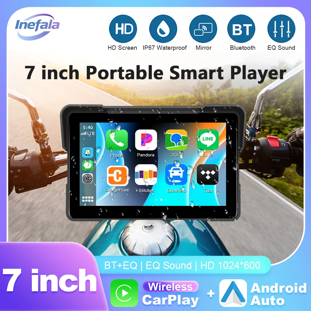 Inefala Monitor Moto portatile da 7 pollici Carplay IP67 Display LCD impermeabile Wireless CarPlay Android Auto per moto