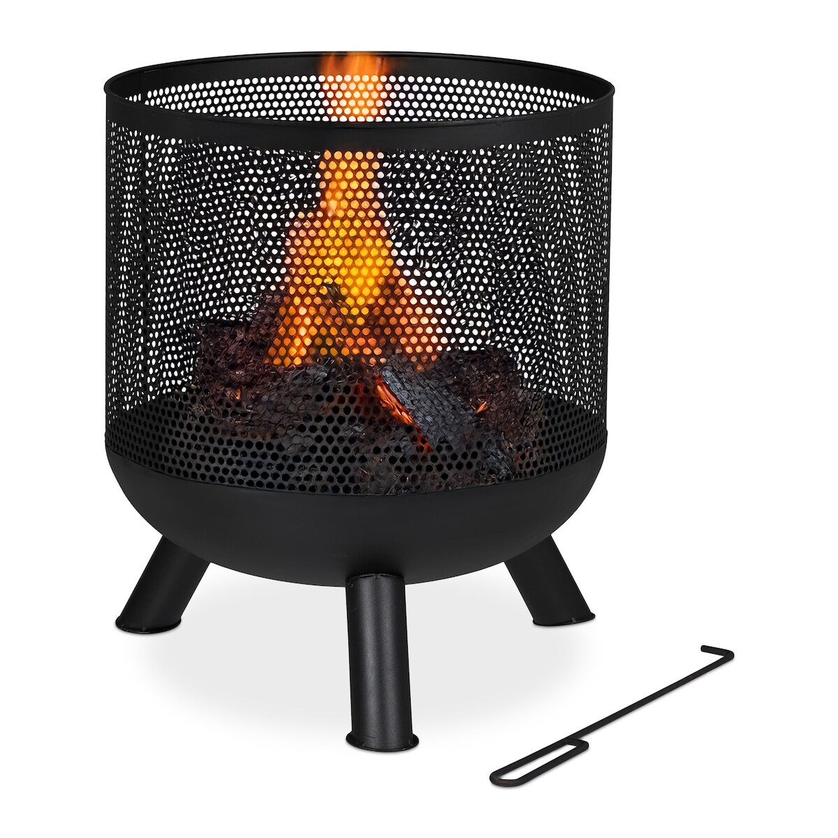 Relaxdays Feuerkorb, Mesh Design, Feuerrost, Schürhaken, Feuer im Garten, Feuertonne, Stahl, HxD: 53 x 44 cm, schwarz Image