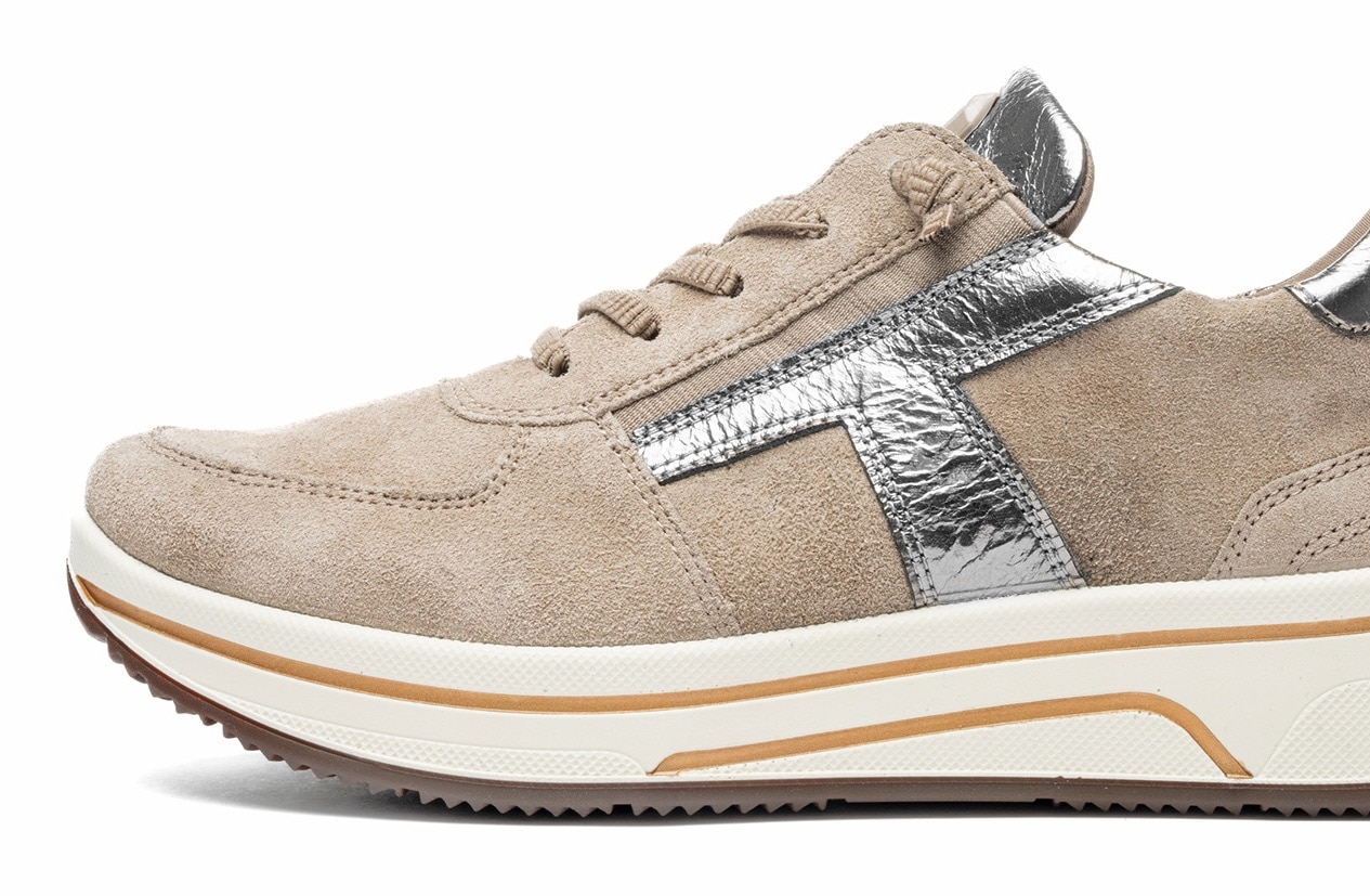 Sneaker ARA "SAPPORO", Damen, Gr. 9,5 (43,5), beige (hellbeige, metallic), Glattleder, Veloursleder, Schuhe, Plateausneaker, Schnürschuh in Komfortweite H (= sehr weit)