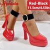 Aphixta Plateau-Pumps für Damen, 4 cm breiter Riemen, Gürtelschnalle, goldene Metall-Pumps, Schuhe, 11,5 cm, Hoof Heels, super große Größe 48 49 50