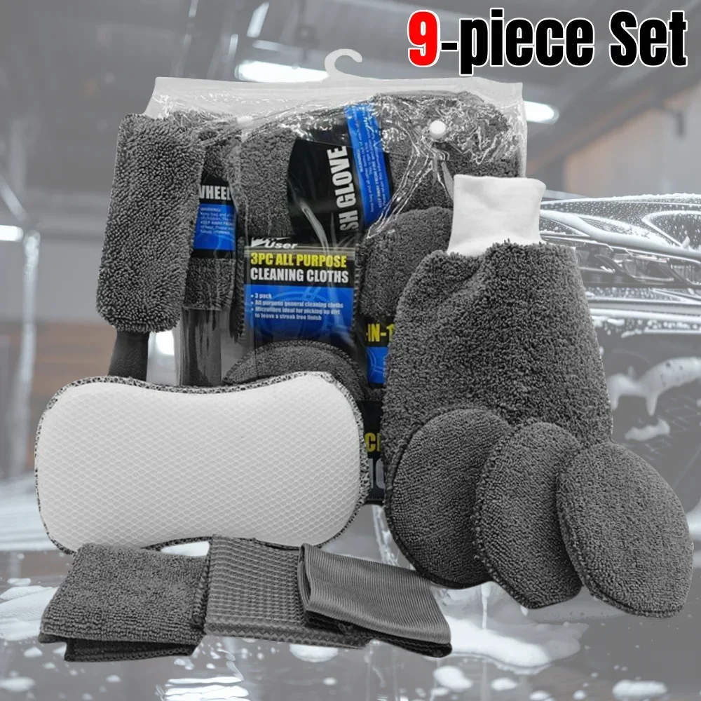 9 teile/satz Auto Reinigung Kit Ultra-feine Faser Auto Schönheit Waschen Handschuhe HandtücherKlappen Wachsen Schwämme Rad Pinsel Auto Reinigung werkzeuge Image