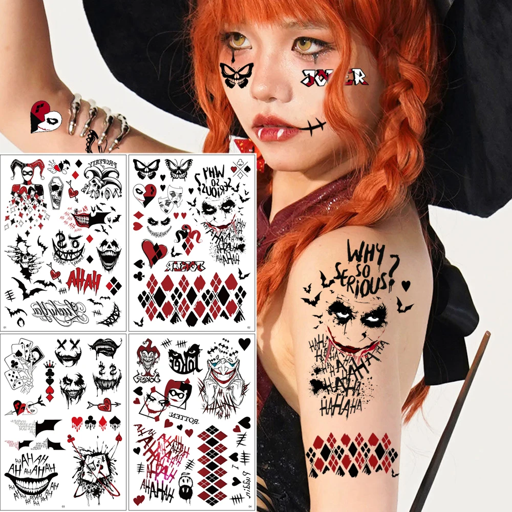 4 Blatt temporäre Tattoo-Aufkleber für Halloween-Party, gruseliges Gesicht, Fledermaus-Design, Fake-Tattoo für Frauen und Männer, Körperdekoration Image