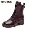 2025, hohe Qualität Kuh Leder Frauen Schuhe Frühling Winter Platz Med Ferse Stiefeletten Lace Up Zipper Damen Pumpen Größe