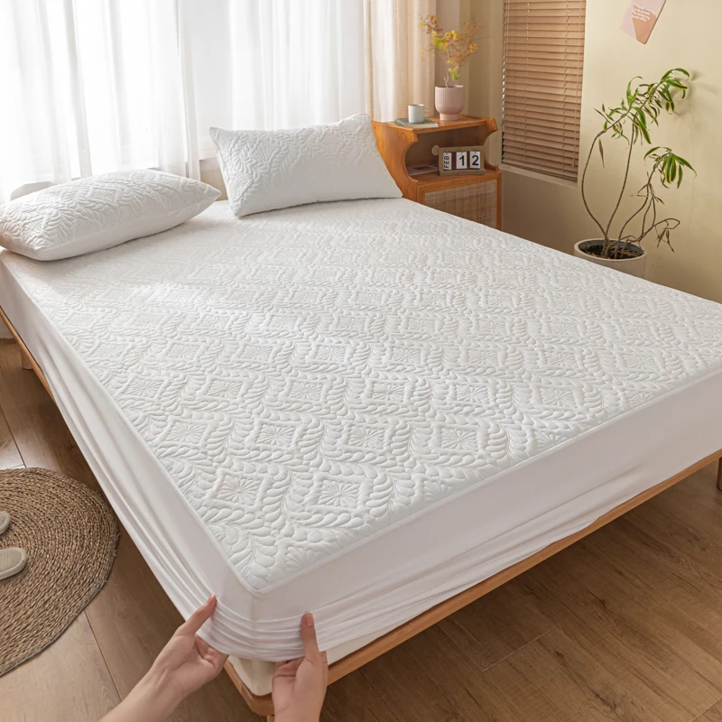 2025 new simple solid color washed cotton waterproof padded fitted sheet, No pillowcase, household mattress protective cover