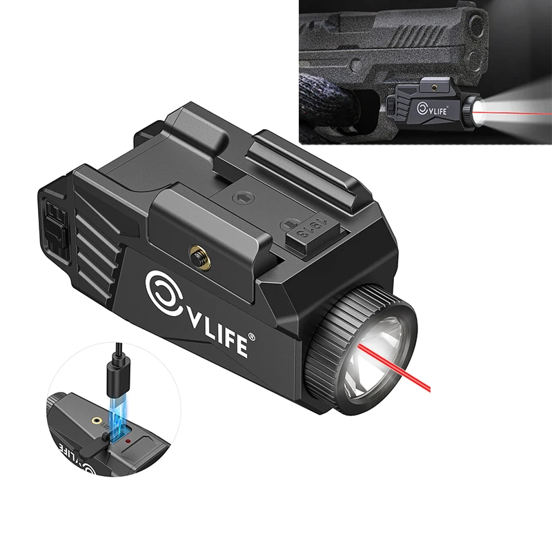 CVLIFE 600 Lumen Taschenlampe mit Rotem/Grünem Laser, Wiederaufladbar, Kompatibel mit Pistole & Picatinny, Stroboskop-Modus für die Jagd Image