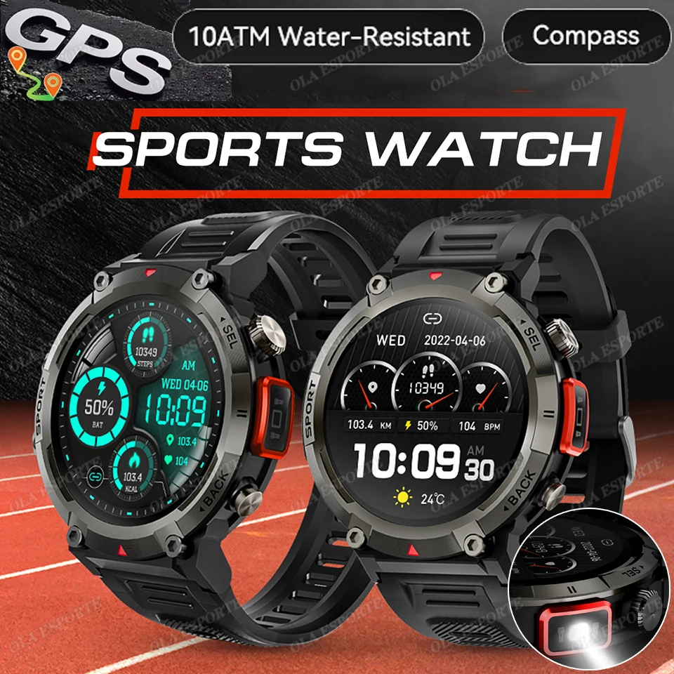 2025 neue Outdoor Military LED Taschenlampe Smart Uhr AMOLED Bildschirm 5 ATM Wasserdichte GPS Outdoor Sport HD BT Anruf Männer Smartwatch Image