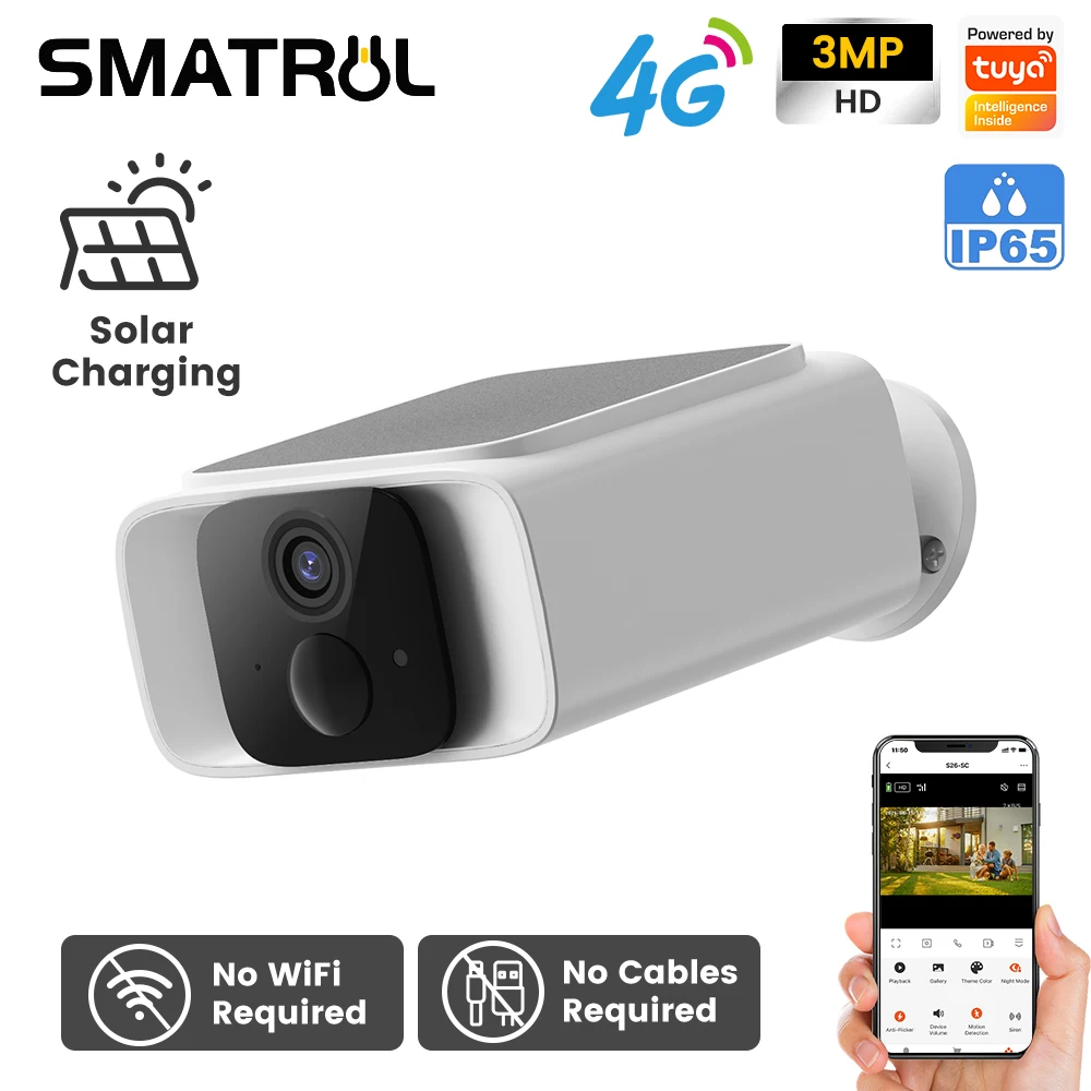 SMATRUL Solarbetriebene Überwachungskamera, CCTV, 4G LTE-Signal, kein WLAN erforderlich, 3 MP HD-Auflösung, Bewegungsalarm, Solar- und kabelgebundenes Laden Image