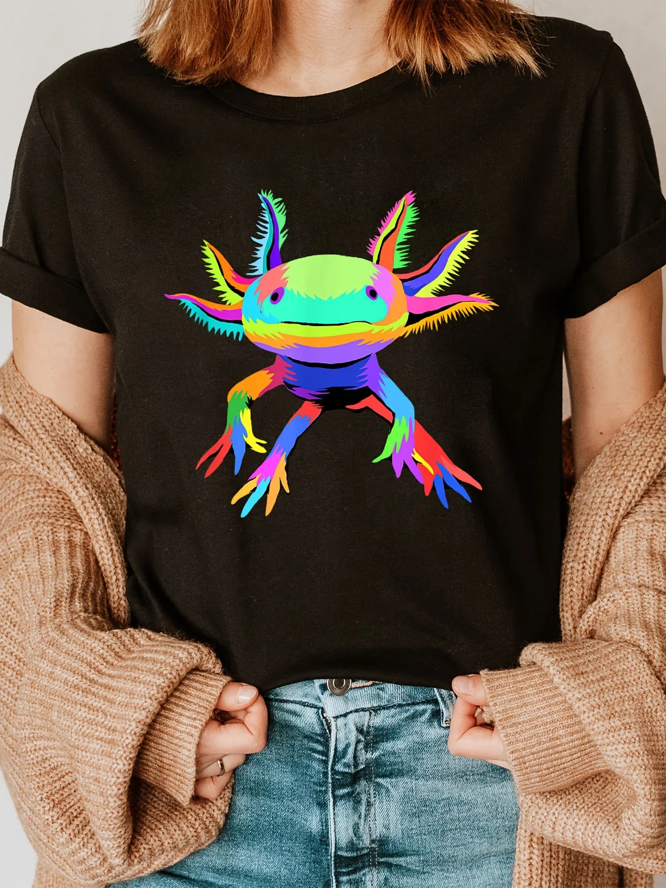 Axolotl Print Rundhals T-Shirt Kurzarm Casual Top für Sommer Harajuku Ärmel Casual Kleidung Street Tops Ästhetische Kleidung