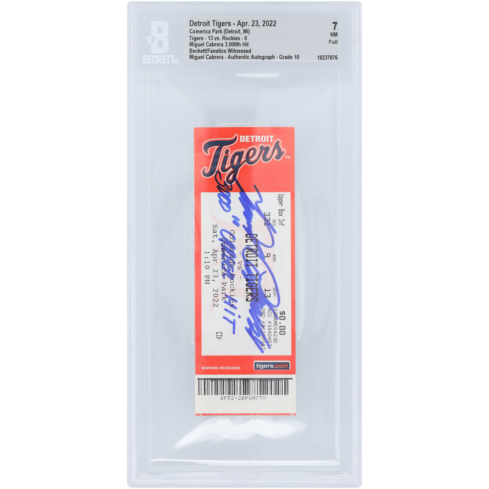 Miguel Cabrera Detroit Tigers signiert 3.000. Hit Beckett Fanatics Zeuge authentifiziertes 7/10-Ticket vom 23. April 2022 mit der Aufschrift „3.000. Karriere-Hit“ Image